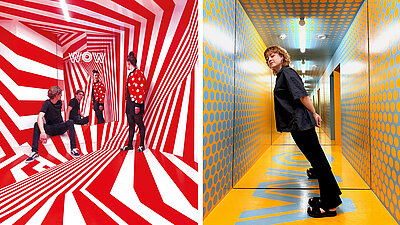 Deux salles à illusions d’optique : à gauche rayures rouges et blanches avec miroirs, à droite pois jaune-bleu avec une personne penchée.