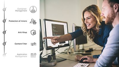La femme montre les icônes montrant les fonctions de sécurité du système d'exploitation des Unified Firewalls
