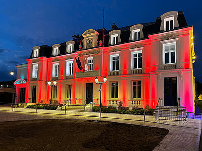 Hôtel de ville historique de nuit, illuminé en rouge et blanc, avec des drapeaux français et des lampadaires au premier plan