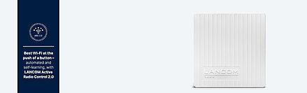 Produktkollage LANCOM Outdoor Access Points mit dunkelblauem Verweis auf WLAN-Optimierungslösung LANCOM Active Radio Control™ 2.0