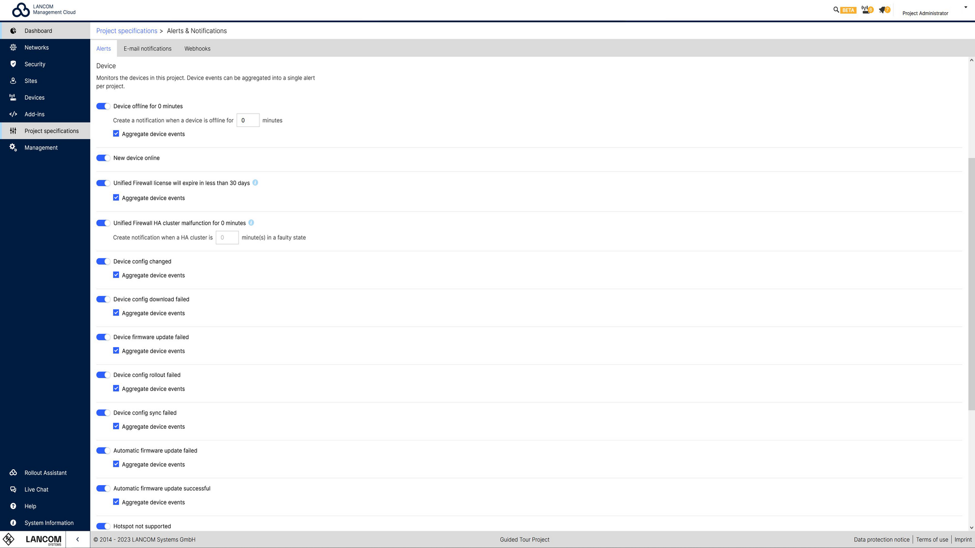 Screenshot: Einstellungen der Projektvorgaben in der LMC