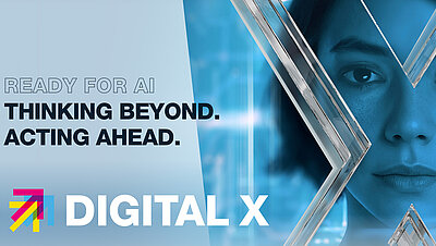 Affiche Digital X avec visage de femme et slogan sur l’intelligence artificielle.