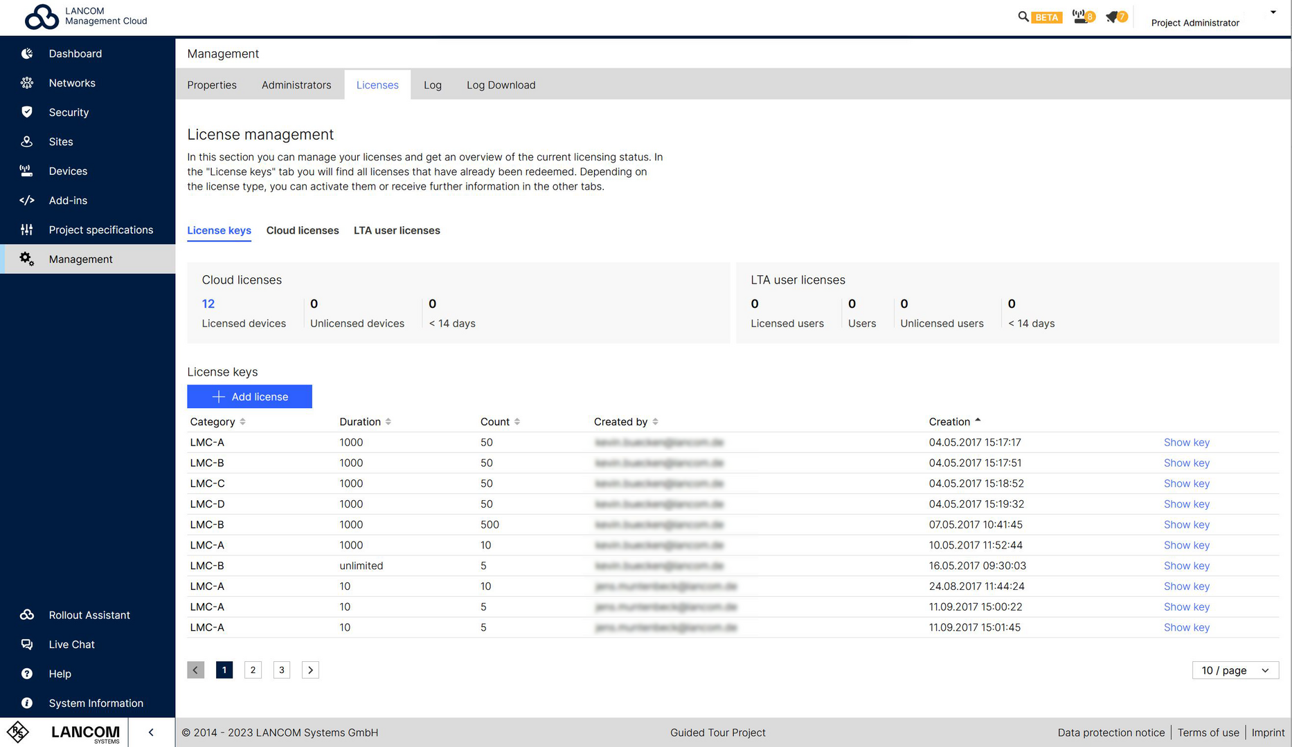 Screenshot: Lizenzverwaltung in der LMC