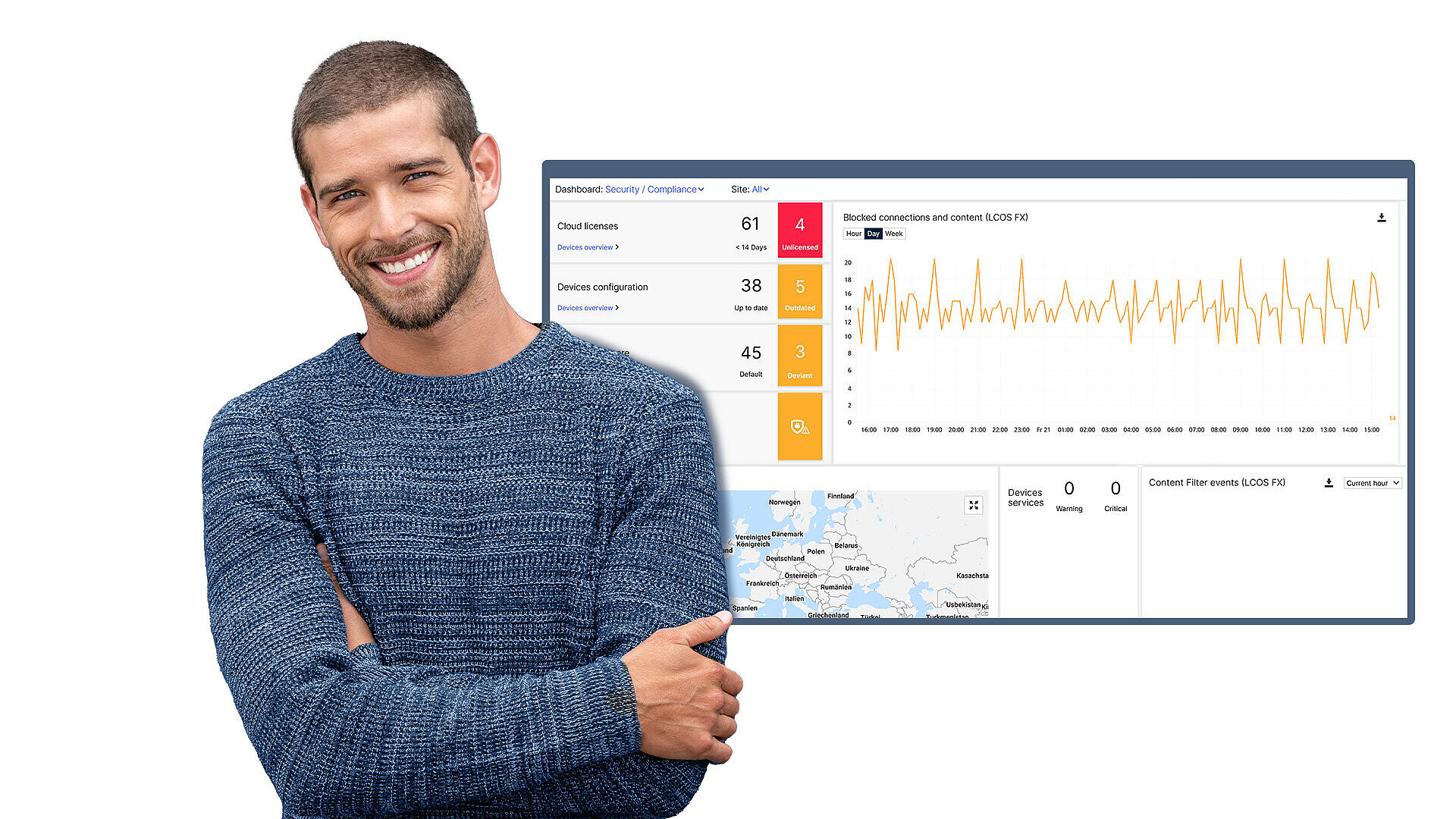 Mann mit fröhlichem Gesichtsausdruck und verschränkten Armen vor einem Screenshot des Security/Compliance-Dashboards