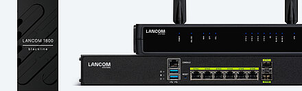 Collage de routeurs LANCOM et de produits SD-WAN avec banderole blackline