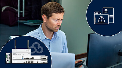 L'homme regarde avec inquiétude un écran, en bas à gauche on peut voir les LANCOM R&S®Unified Firewalls et le logo LANCOM Management Cloud, en haut à droite une icône pour SIEM est représentée dans un cercle bleu