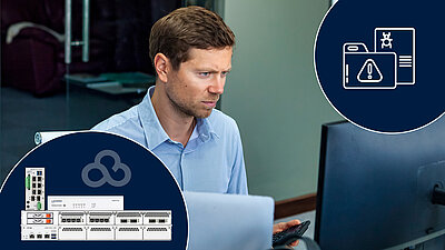 L'homme regarde avec inquiétude un écran, en bas à gauche on peut voir les LANCOM R&S®Unified Firewalls et le logo LANCOM Management Cloud, en haut à droite une icône pour SIEM est représentée dans un cercle bleu