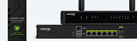Collage de routeurs LANCOM et de produits SD-WAN avec banderole blackline