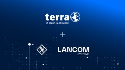 Logos de terra et LANCOM Systems en tant que partenaires dans l’écosystème LANCOM IT Security, fond bleu.