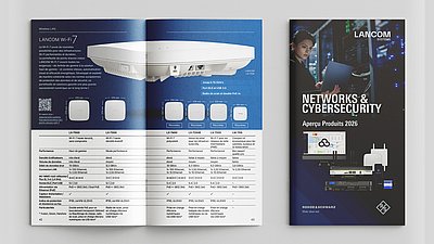 LANCOM brochure de présentation des produits une fois ouverte et une fois avec la page de couverture