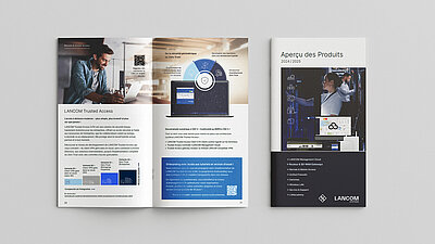 LANCOM brochure de présentation des produits une fois ouverte et une fois avec la page de couverture