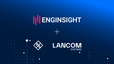 Logos d’Enginsight et LANCOM Systems en tant que partenaires dans l’écosystème LANCOM IT Security, fond bleu.