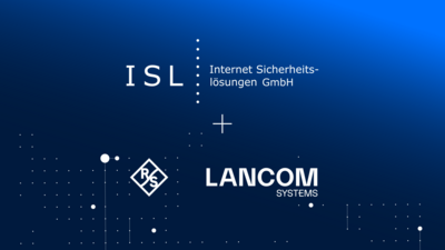 Logos d’ISL et LANCOM Systems en tant que partenaires dans l’écosystème LANCOM IT Security, fond bleu.