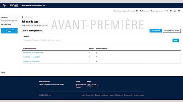 Capture d'écran du LANcare Portal avec la mention « avant-premiére »