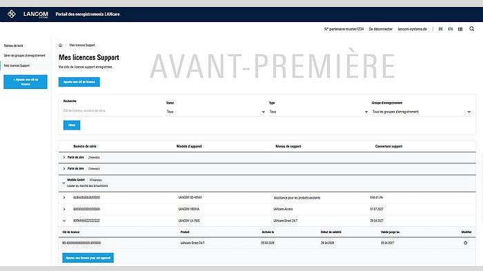 Capture d'écran de l'aperçu des licences dans le portail LANcare avec la mention « avant premiére »