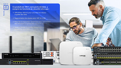 Deux hommes consultent des données sur un ordinateur portable. Au premier plan, des produits de la gamme LANCOM (routeurs, pare-feu unifiés, points d'accès et commutateurs). À gauche, l'icône « Built-in Security » avec un texte d'information déroulant sur les fonctions de sécurité intégrées.
