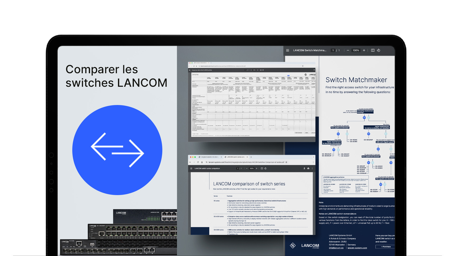 Bureau suggéré avec à droite les documents de comparaison Switch-Seriesververgleich, Switch-Matchmaker et Switch-Vergleichstabelle, à gauche un cercle bleu avec deux flèches et les images de produits de quelques switches et l'inscription « comparer les switches LANCOM »